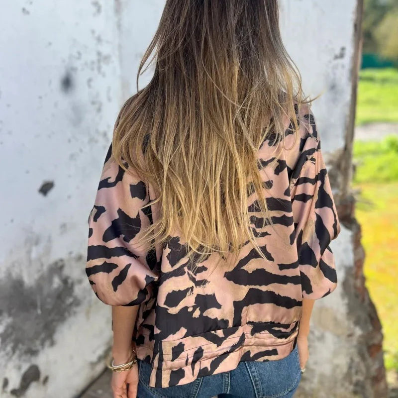 Women's Animal Print Bomber Jacket with Zipper and Elastic Cuffs