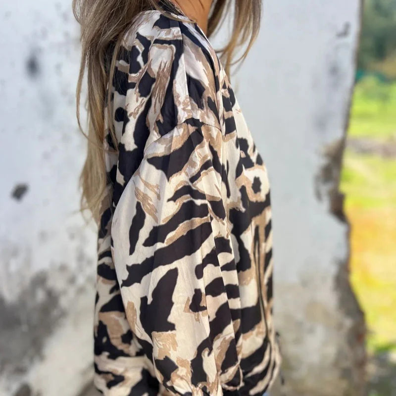 Women's Animal Print Bomber Jacket with Zipper and Elastic Cuffs