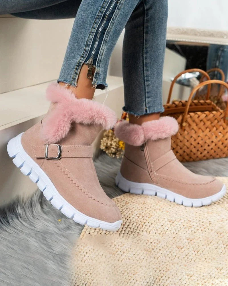 Women's Winter Fur-Lined Round-Toe Boots - Suede