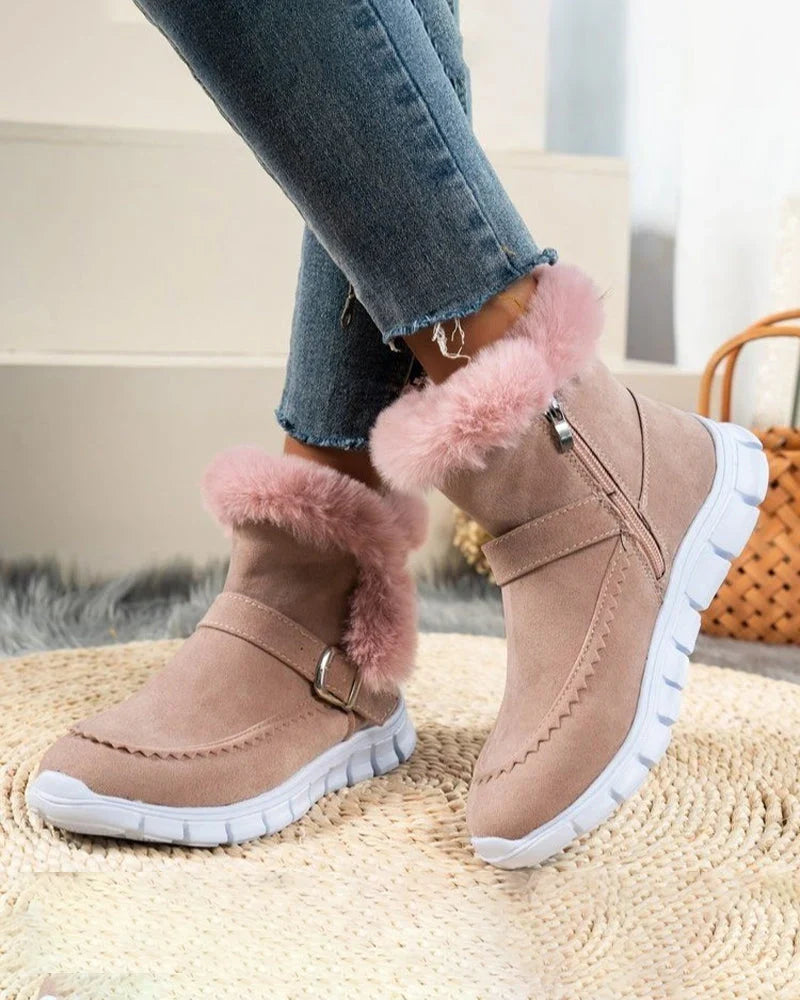 Women's Winter Fur-Lined Round-Toe Boots - Suede