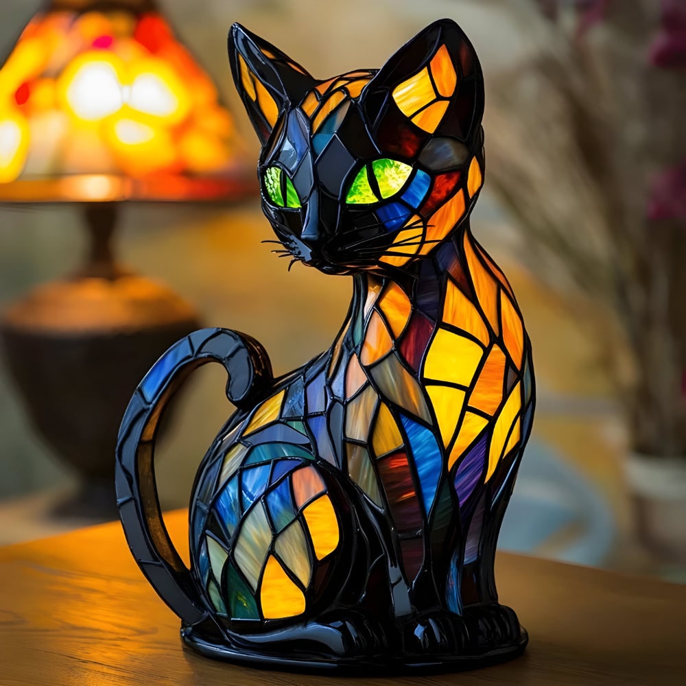 Stained Glass Cat Table Lamp - Colorful Mosaic Warm Glow - Default Title