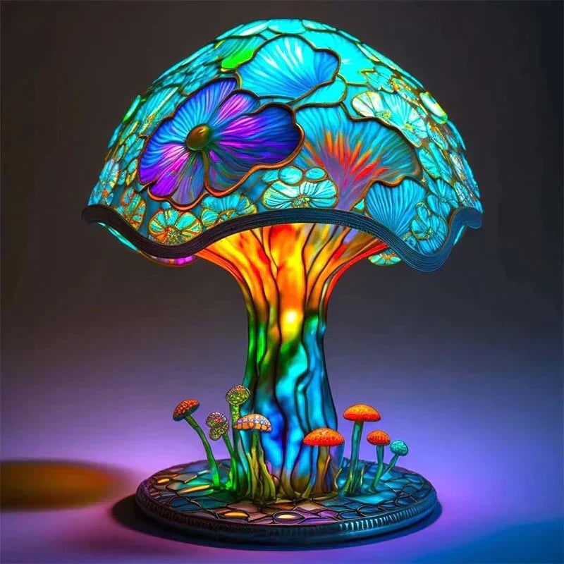 Stained Glass Table Lamp - Decorative Resin Shade & Warm LED - Lotus Flower