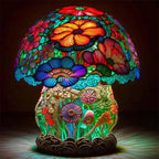 Stained Glass Table Lamp - Decorative Resin Shade & Warm LED - Flowering Bush