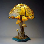 Stained Glass Table Lamp - Decorative Resin Shade & Warm LED - Golden Mushroom