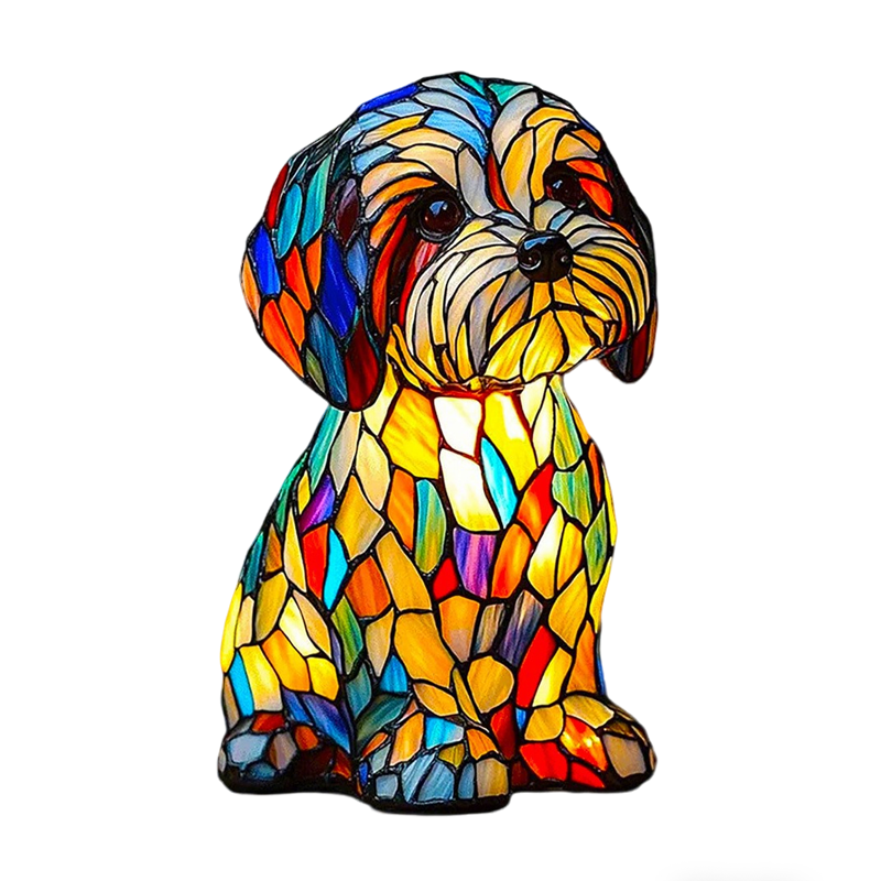 Stained Glass Dog Table Lamp - Mosaic LED Night Light - A