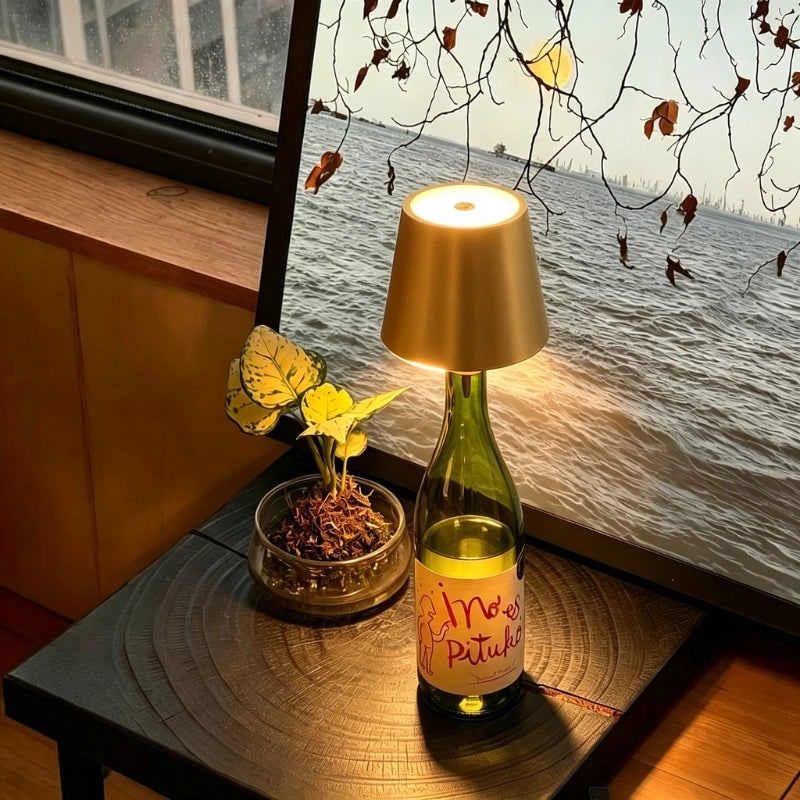Cordless Bottle Table Lamp - Rechargeable LED Metal Design - Matte Pink