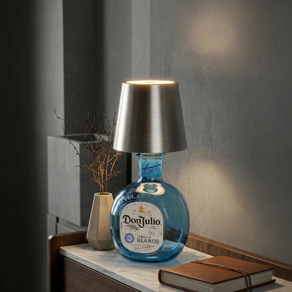 Cordless Bottle Table Lamp - Rechargeable LED Metal Design - Matte Brown