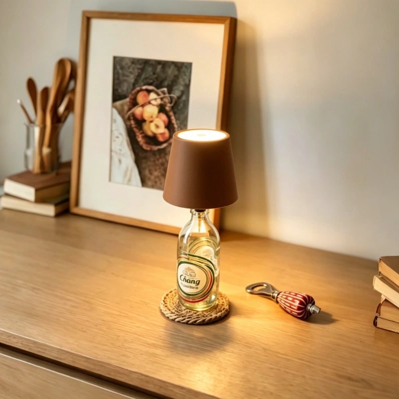 Cordless Bottle Table Lamp - Rechargeable LED Metal Design - Matte Red