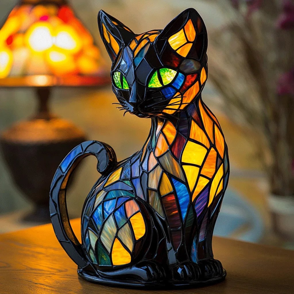 Stained Glass Cat Table Lamp - Multicolored Glow