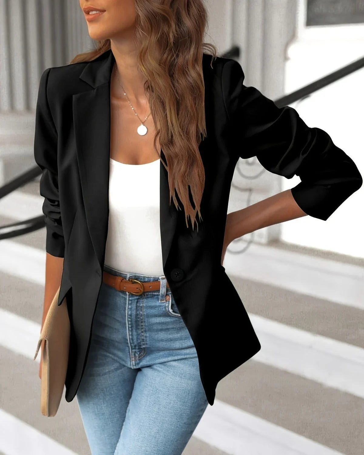 Women's Ruched Sleeve Tailored Fit Single Button