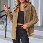 Women's Frayed Hem Button Front Long Sleeve