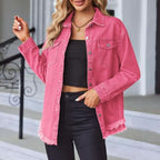 Women's Frayed Hem Button Front Long Sleeve