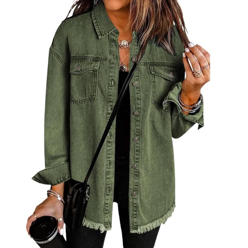 Women's Frayed Hem Button Front Long Sleeve