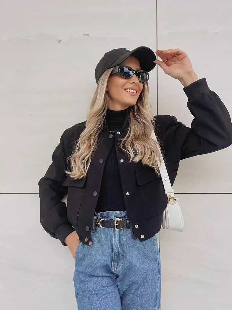 Women's Cropped Snap Button Flap Pocket