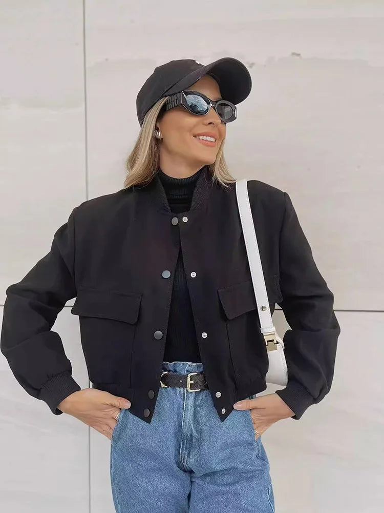 Women's Cropped Snap Button Flap Pocket