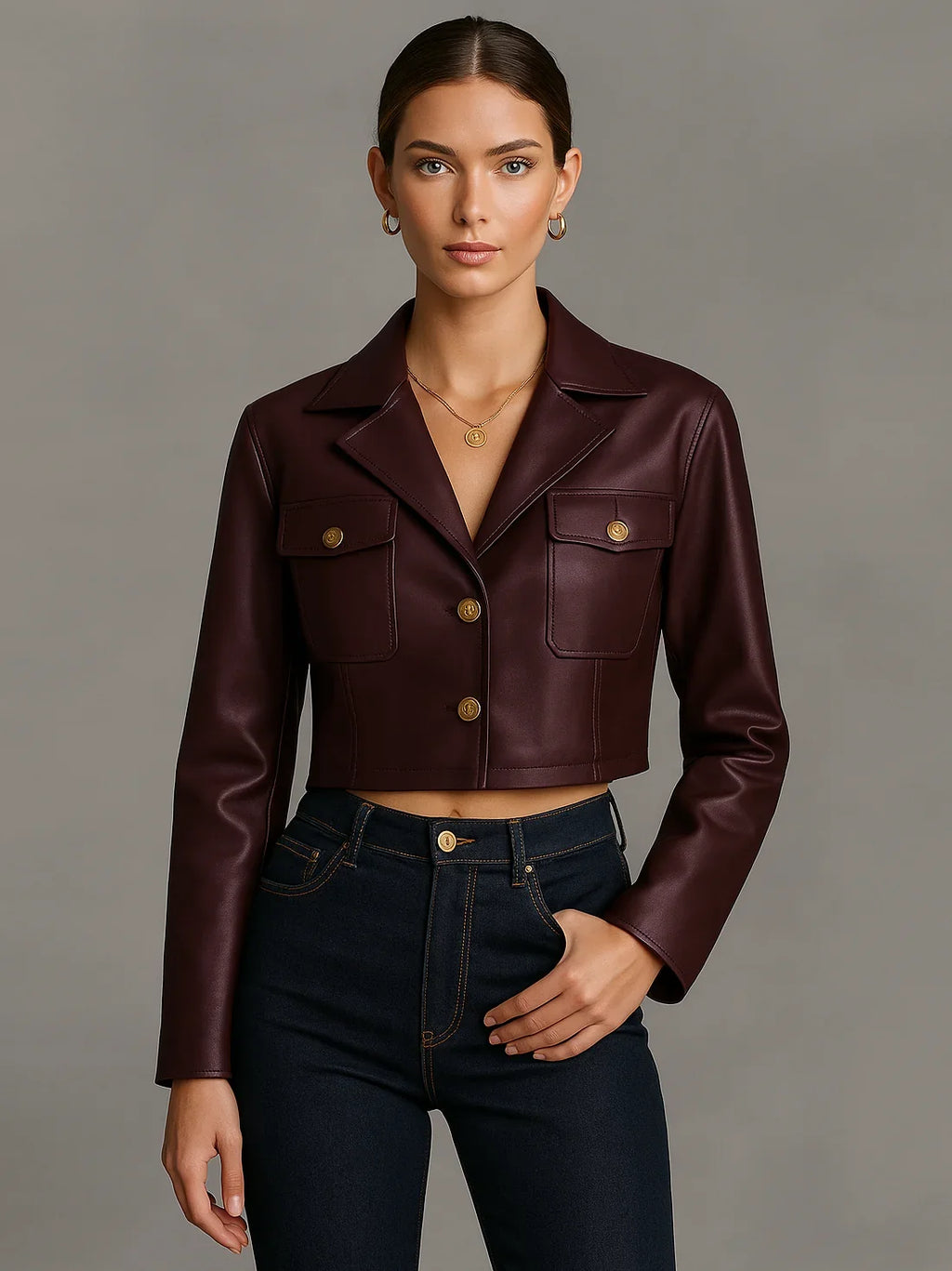 Women's Cropped Long Sleeve Button Front
