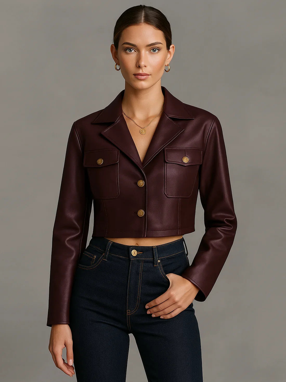 Women's Cropped Long Sleeve Button Front