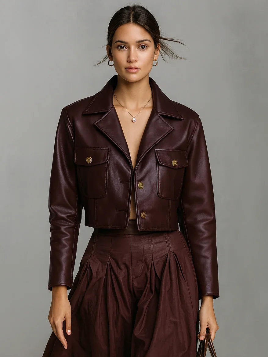 Women's Cropped Long Sleeve Button Front