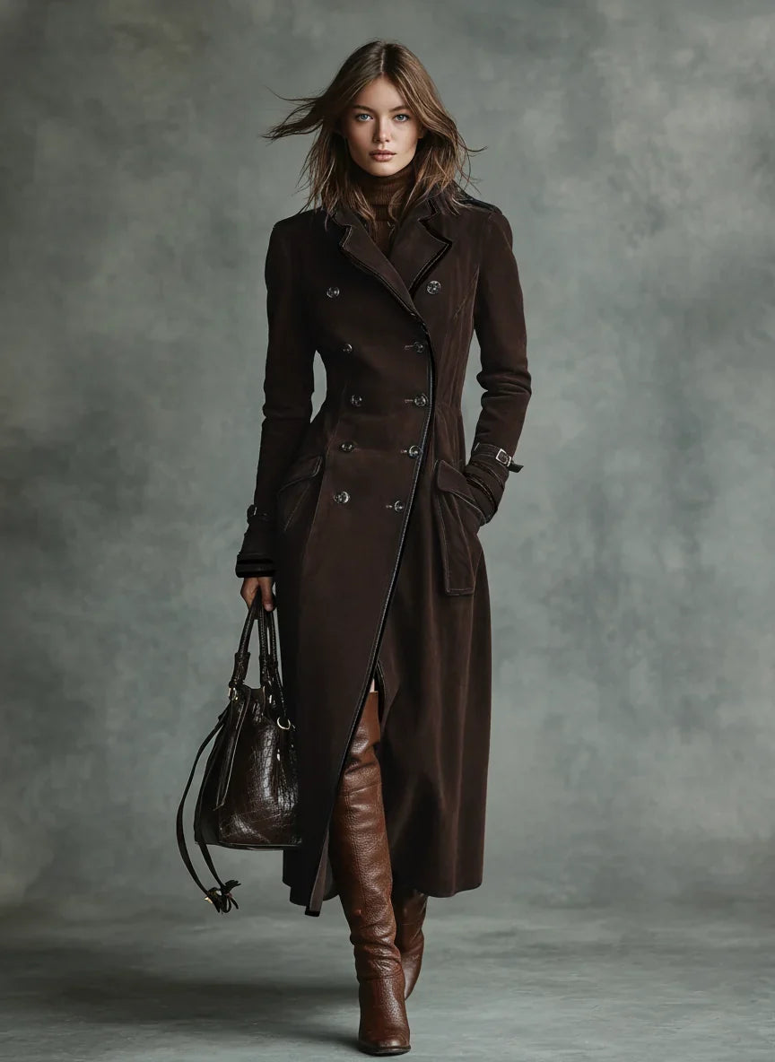 Women's Suede Double-breasted Lapel Trench