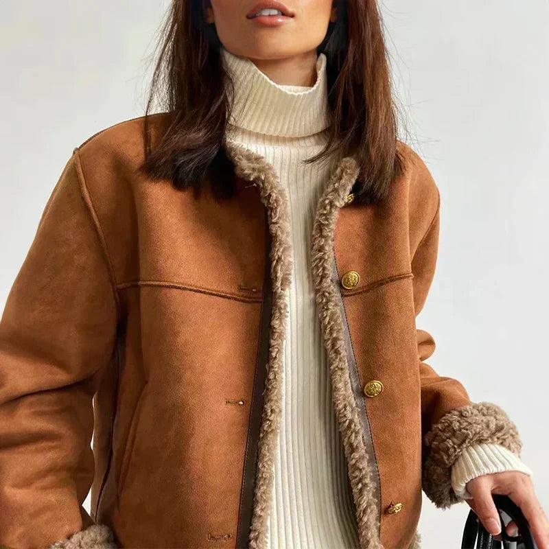 Women's Cozy Button Front Suede Faux Fur Lined