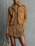 Women's Cropped Lapel Zipper Long Sleeve