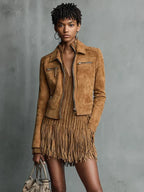 Women's Cropped Lapel Zipper Long Sleeve
