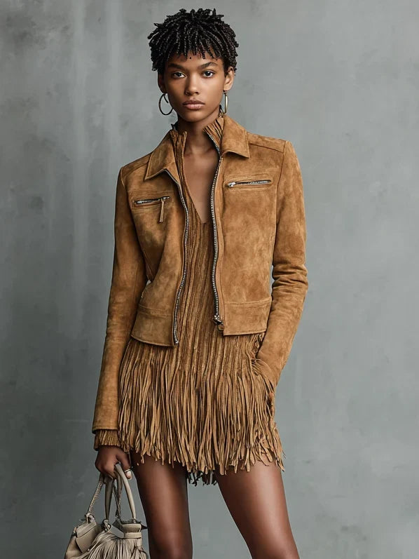 Women's Cropped Lapel Zipper Long Sleeve