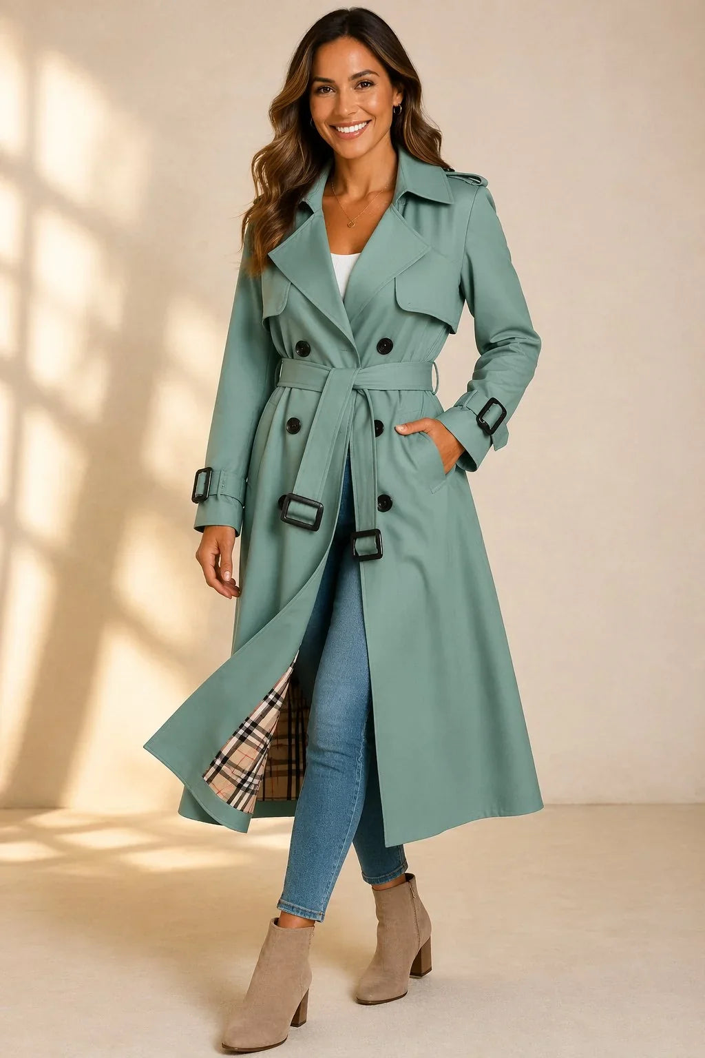 Women's Double Breasted Belted Long Sleeve