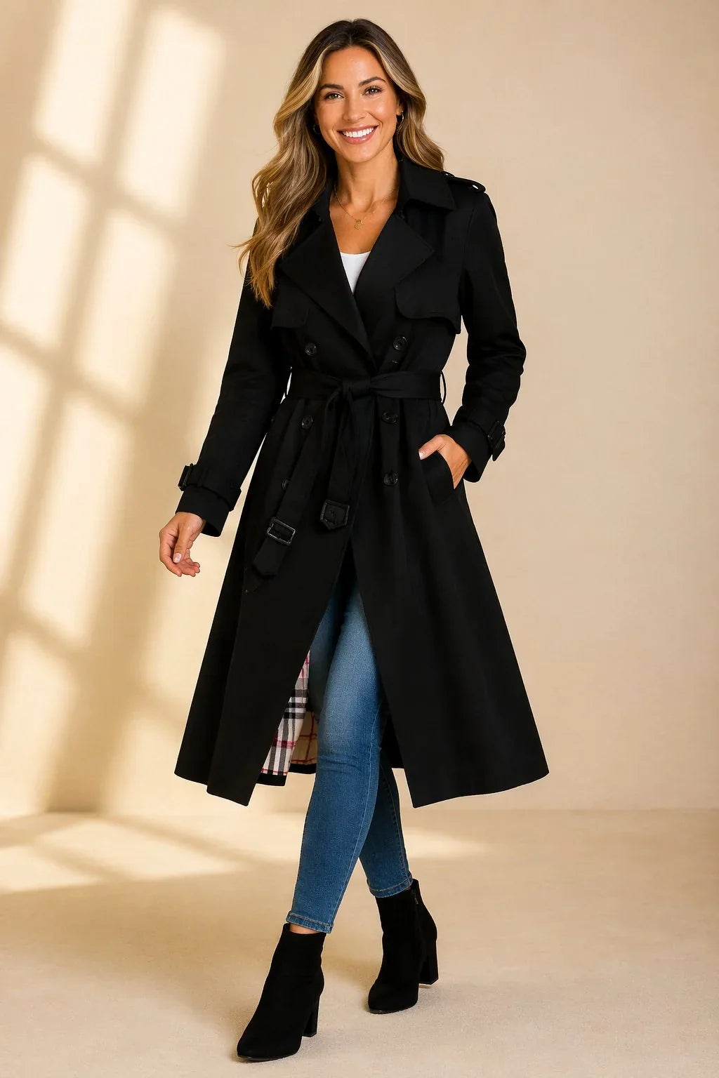 Women's Double Breasted Belted Long Sleeve