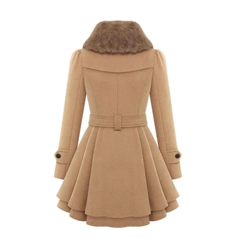 Women's Faux Fur Collar Double Breasted Belted