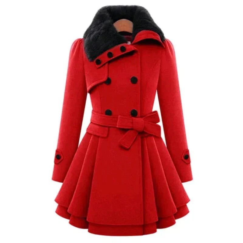 Women's Faux Fur Collar Double Breasted Belted