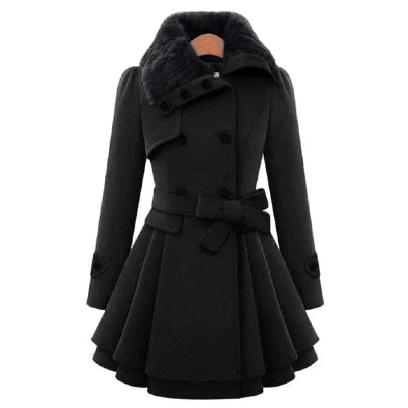 Women's Faux Fur Collar Double Breasted Belted