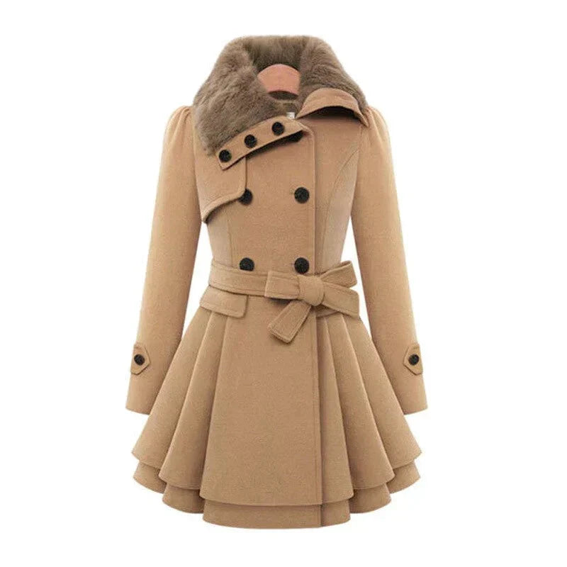 Women's Faux Fur Collar Double Breasted Belted