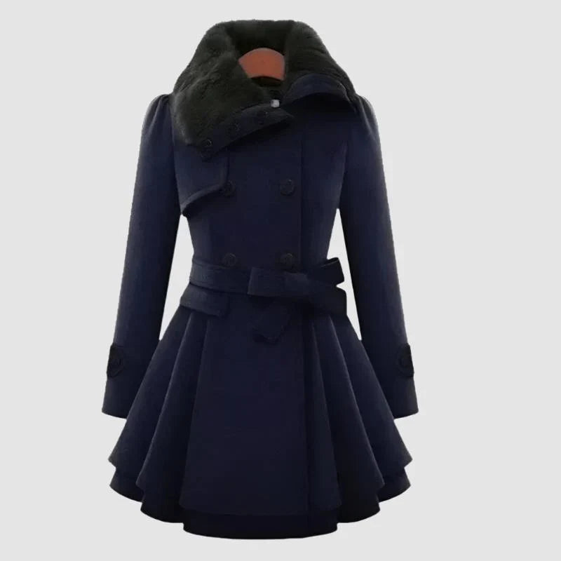 Women's Faux Fur Collar Double Breasted Belted