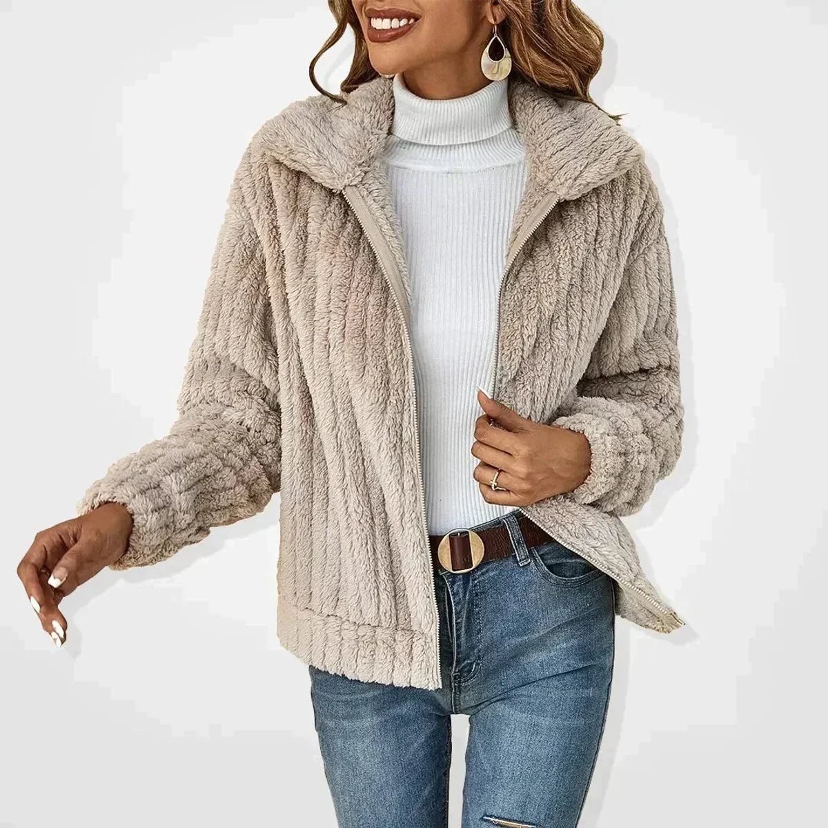 Women's Sherpa Fleece Zip-Up Lapel Collar