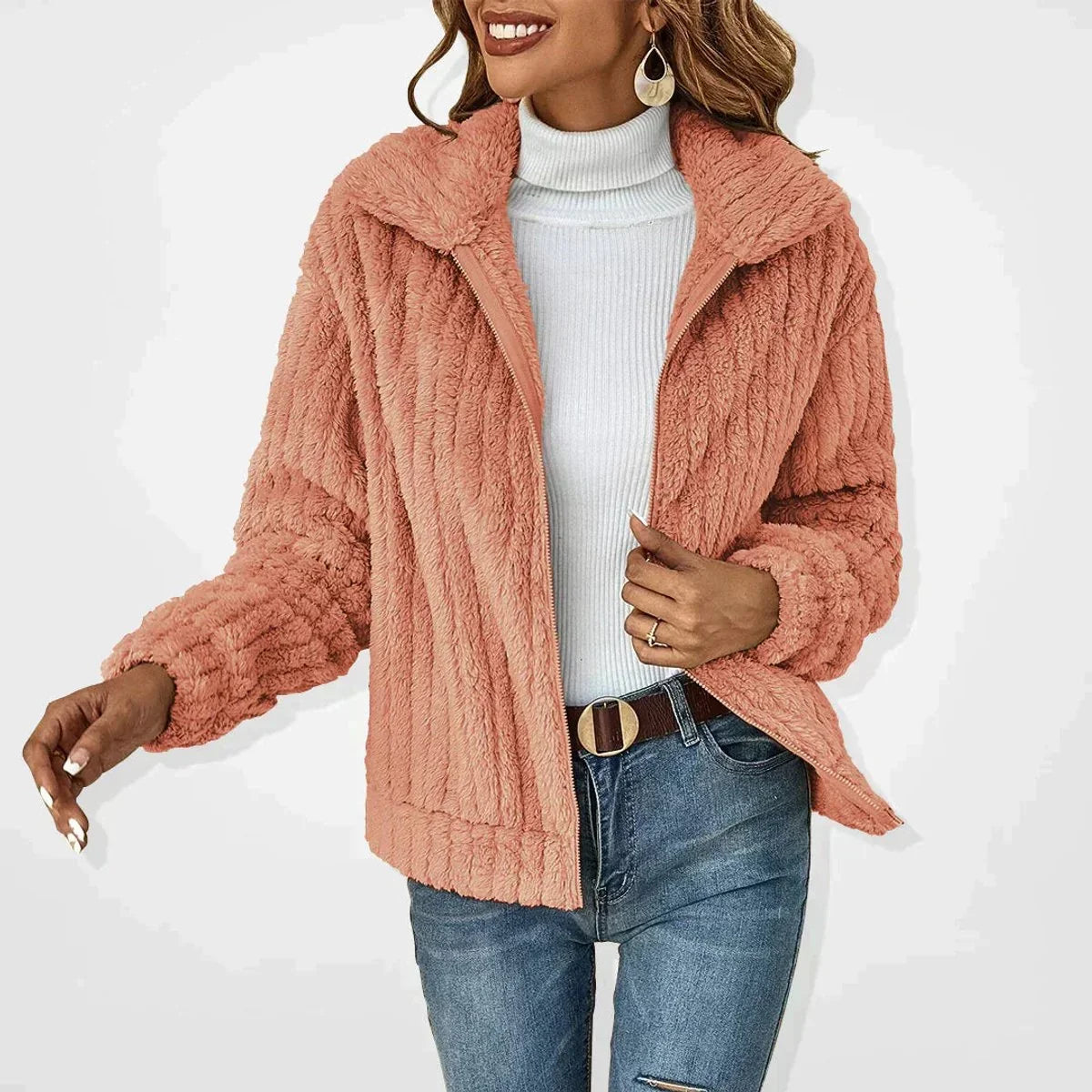 Women's Sherpa Fleece Zip-Up Lapel Collar